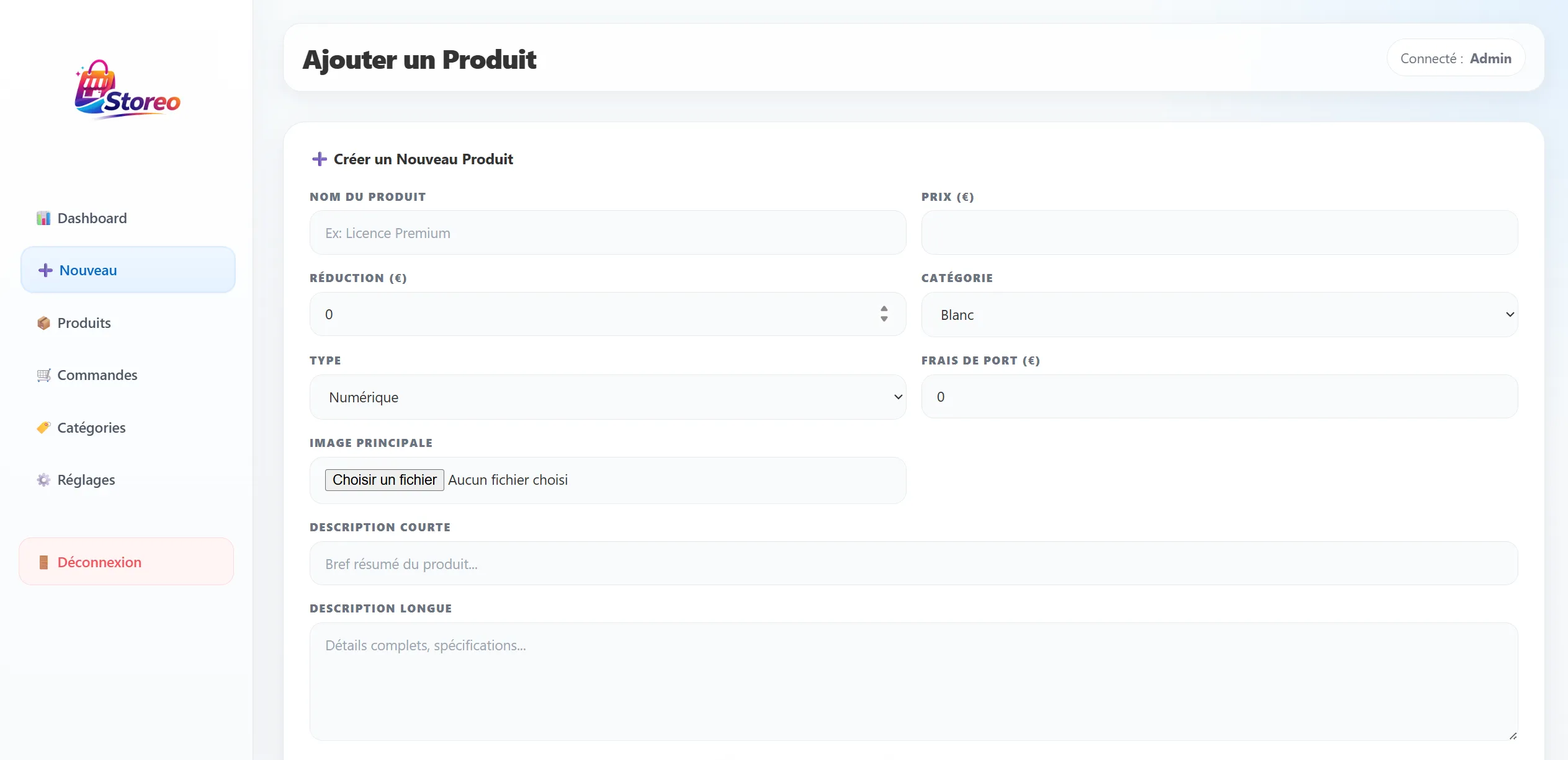 Interface d’ajout produit sur Storeo
